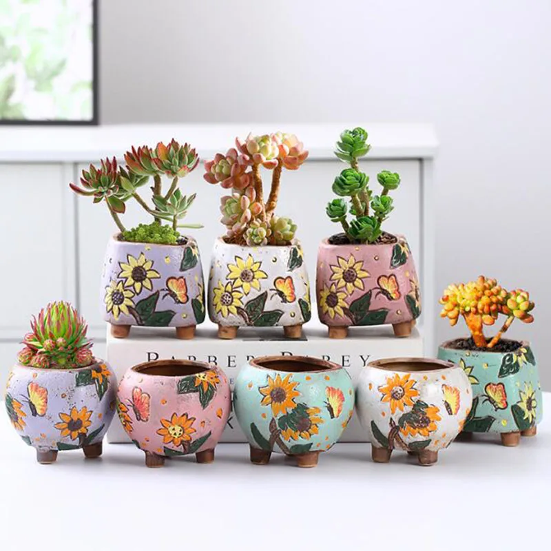 

Korean Style Sunflower Pattern Succulent Plant Pot Breathable Vase with A Hole Cute Flower Pot Desktop Ornaments Home Decor