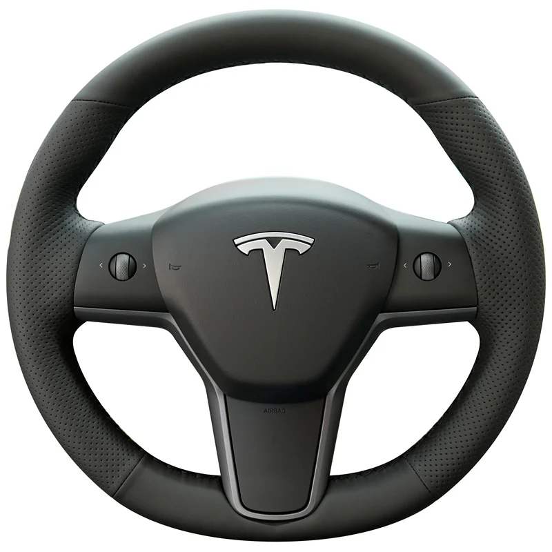 

Hand-stitched Black Genuine Leather non-slip car steering wheel cover 100% Fit For Tesla Model Y 3 2017-2020 Auto Parts