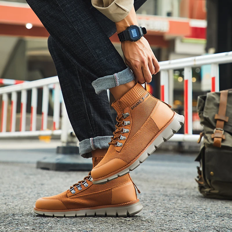 Primavera outono novos homens sapatos casuais de alta qualidade confortável malha respirável casual tornozelo botas ao ar livre leve sapatos caminhada