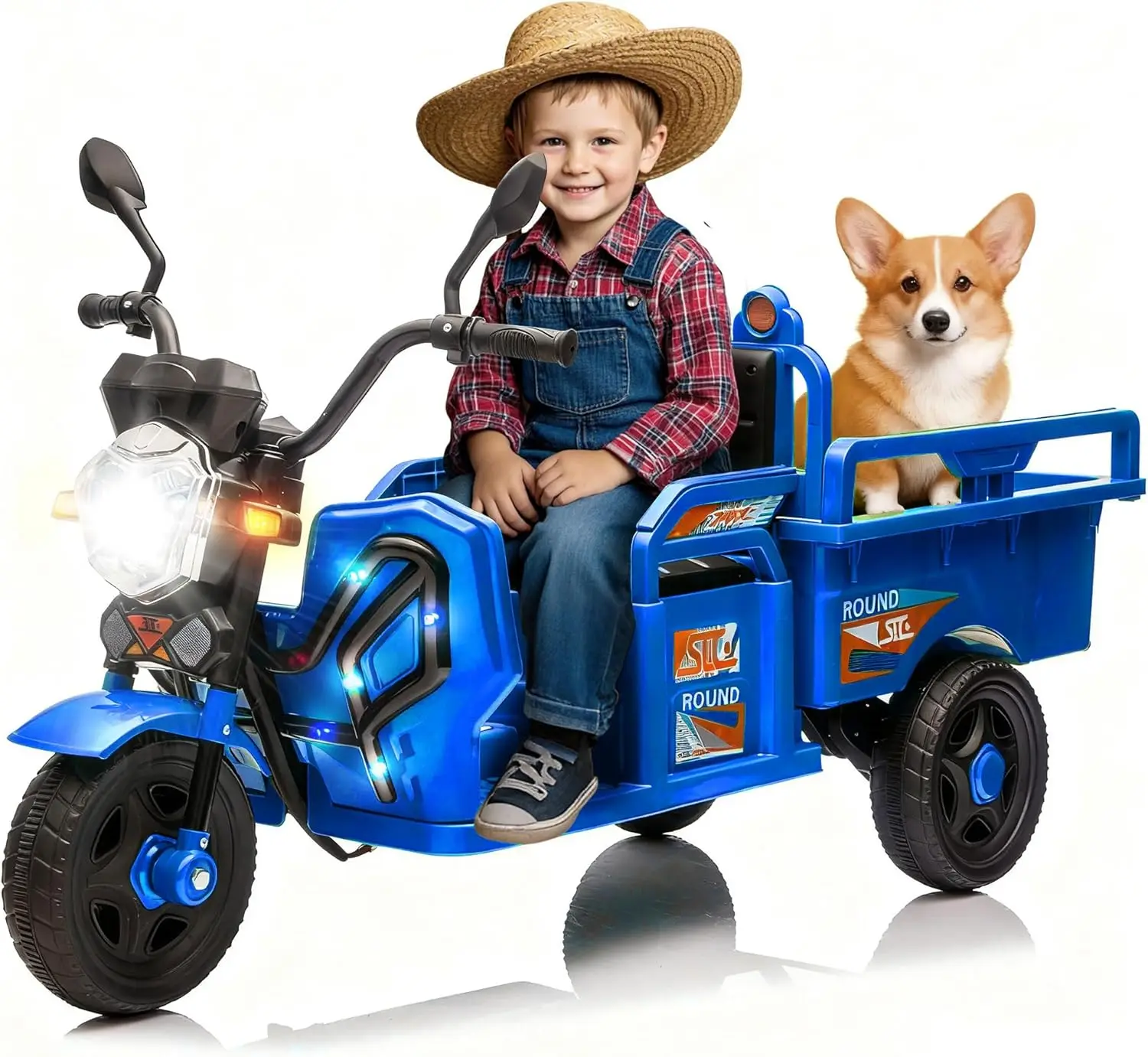 รถสามล้อบรรทุกของสำหรับเด็ก ขับเคลื่อนด้วยแบตเตอรี่ 12V ของเล่นขี่ได้พร้อมพื้นที่เก็บของขนาดใหญ่ รถยนต์ไฟฟ้าสำหรับเด็กพร้อมไฟ LED และเสียงเพลง สีฟ้า