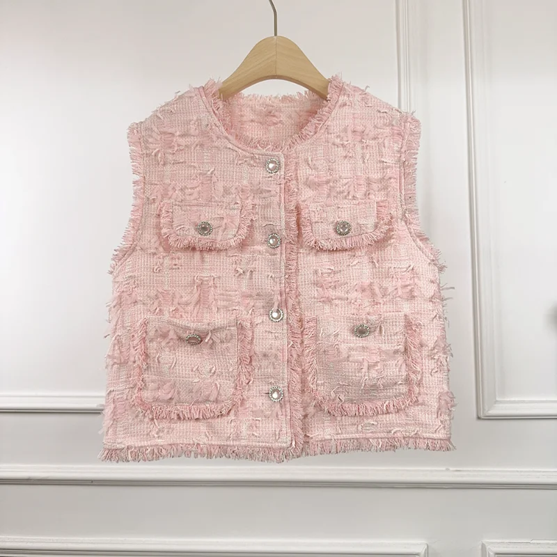 

Розовый твидовый жилет с круглым вырезом и бахромой в стиле французского шика, модный, свободный, без рукавов, для женщин