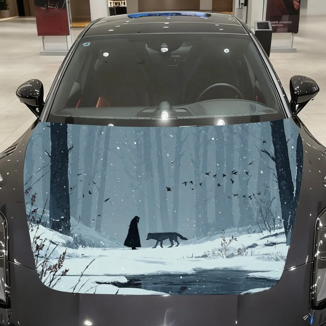 

Snowy Forest Black Wolf And Traveler Vinyl Film, PVC Waterproof Engine Hood Sticker, Self-adhesive Scratch Resistant Sticker, Su