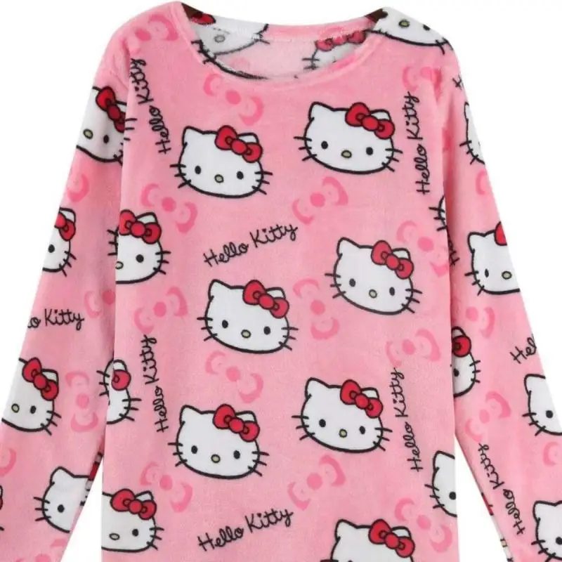 Sanrioed Cartoon Hello Kittys Long Sleeve Pajamas Women Soft Flannel Casual Tops Warmth Anime Autumn Winter Women's Home Clothes