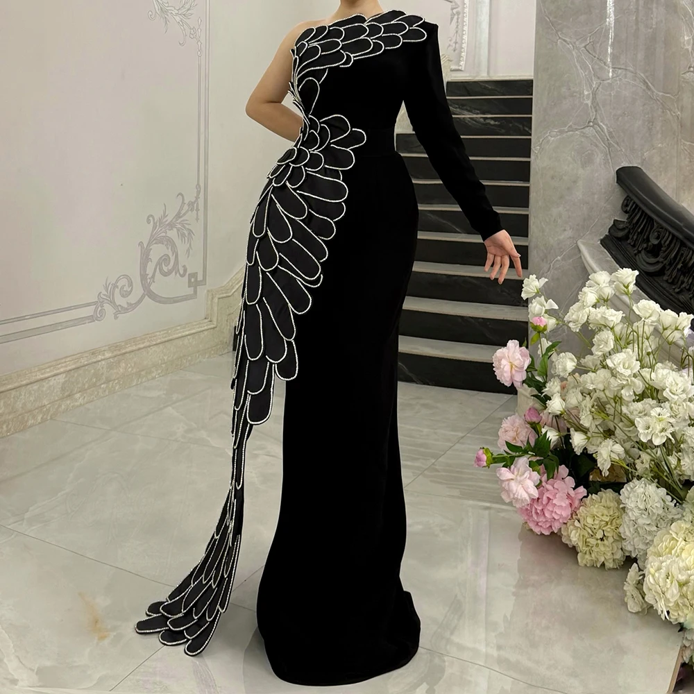 

Customized A-line Evening Dresses Floor-length One-shoulder Full Sleeve Prom Gown Fashion Crystal Simple Draped Party Gown