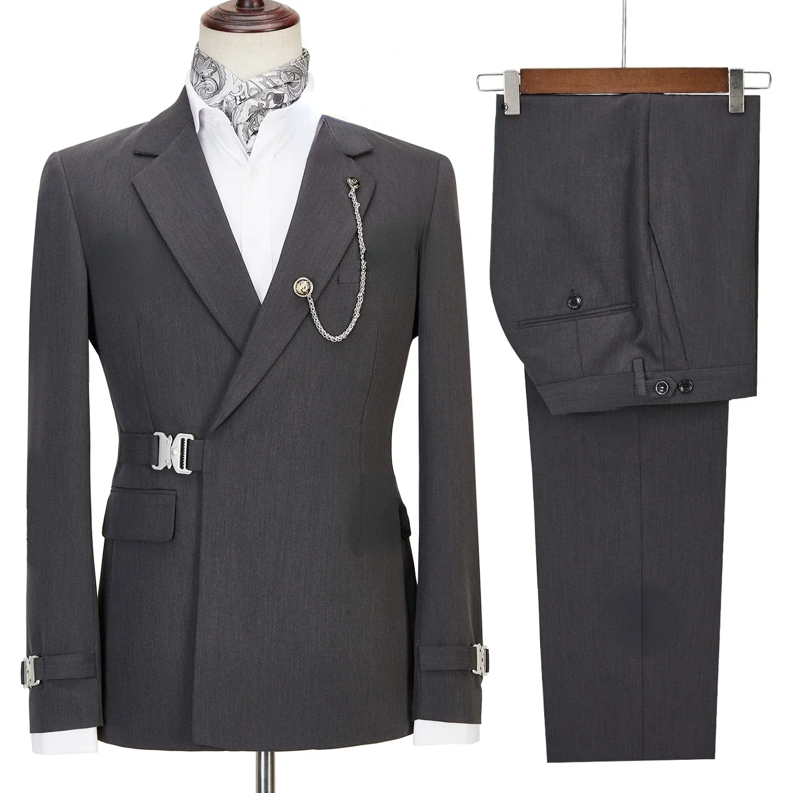 Elegant Luxury Solid Color Business Men's Suit Two Pieces Metal Buckle Male Formal Occasions Blazers and Pants