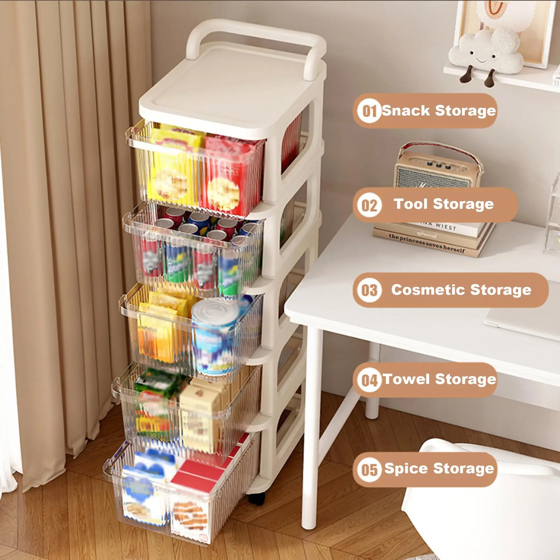 عربة تخزين بلاستيكية مكونة من 5 طبقات مع أدراج وعجلات، وخزانة تخزين دوارة مع مخزون علوي ومقبض لغرفة المعيشة وغرفة النوم،