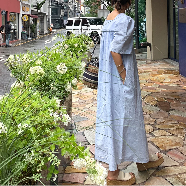 Blue Casual Loose Short Sleeve Square Collar Midi Dress Street Style Cotton Polyester Blend Summer Fashion for Women