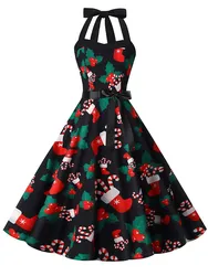 Women's Sexy Halter Christmas Dress Vintage Floral Print Pin up Retro Rockabilly Swing Sundress Casual Party Wear