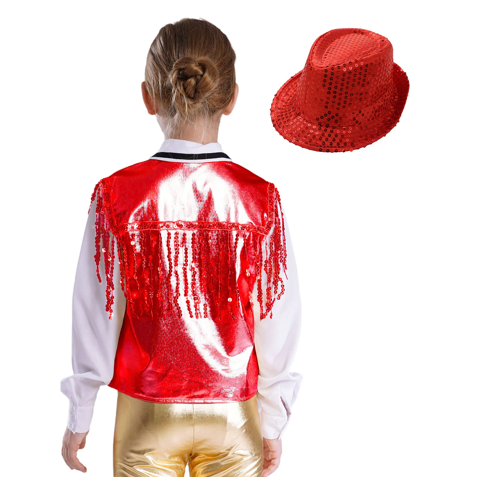 الفتيات عروض رقص الجاز زي تألق الترتر شرابة صدرية سترة معدنية مفتوحة الجبهة جاكيت بلا إكمام مع قبعة الترتر