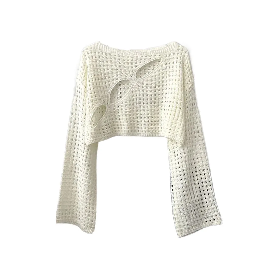 

Long Sleeve Hollowed Out Smock Knitted Loose Solid Cropped Tops Pullover Round Neck Hollow Out Knit Tops Girls