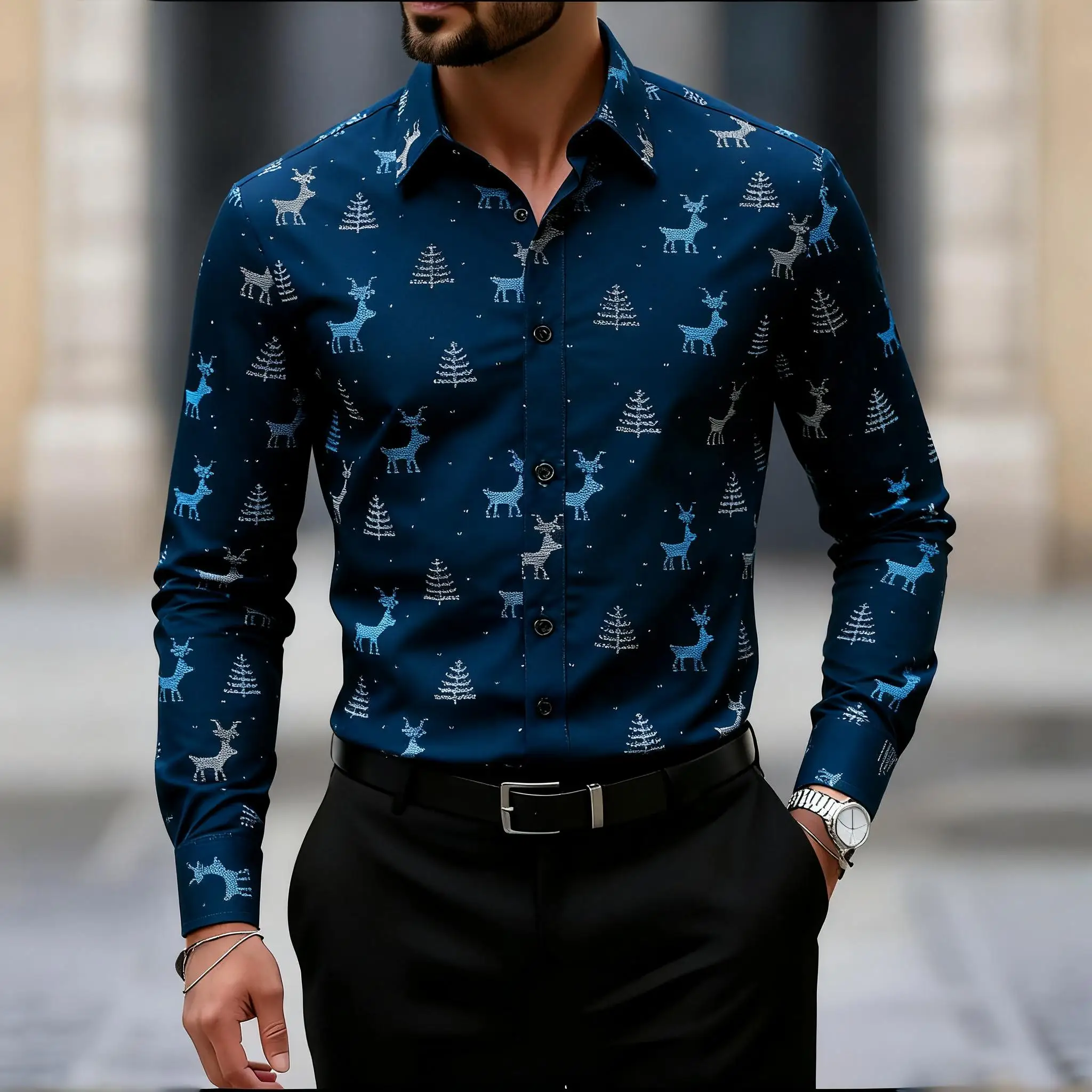 2025 Christmas Men's Christmas Tree Elk Print Breathable Long Sleeve Shirt Button Up Shirt Funny Outdoor Holiday Turndown shirts