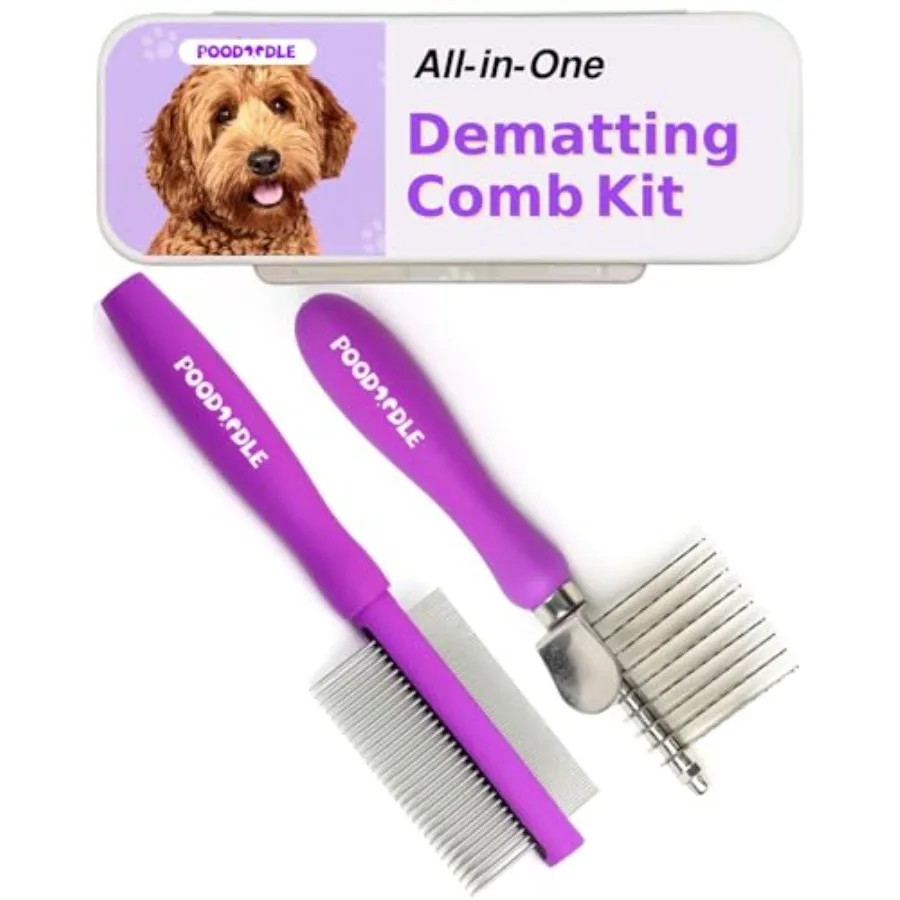 

Pain-Free Dematting Comb Kit for Dogs and Cats, Dematting Rake and Detangling Dual-Side Comb Set, Dematting Brush for Dogs and