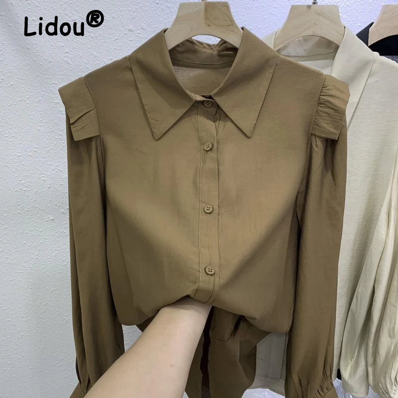 Women Fashion Ruffle Vintage Turn Down Collar Shirt Spring Autumn Office Lady Commute Blouse Casual Solid Long Sleeve Loose Tops