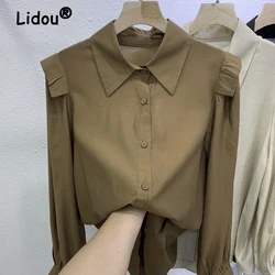 Frauen Mode Rüschen Vintage Turn Down Kragen Hemd Frühling Herbst Büro Dame pendeln Bluse lässig solide Langarm lose Tops