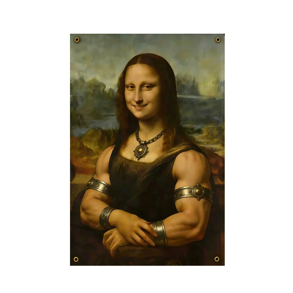 Funny Muscular Mona Lisa Parody Tapestry 2X3FT 3X5FT Wall Hanging Gym Aesthetic Room Decor Funny Mona Lisa for Home Bedroom