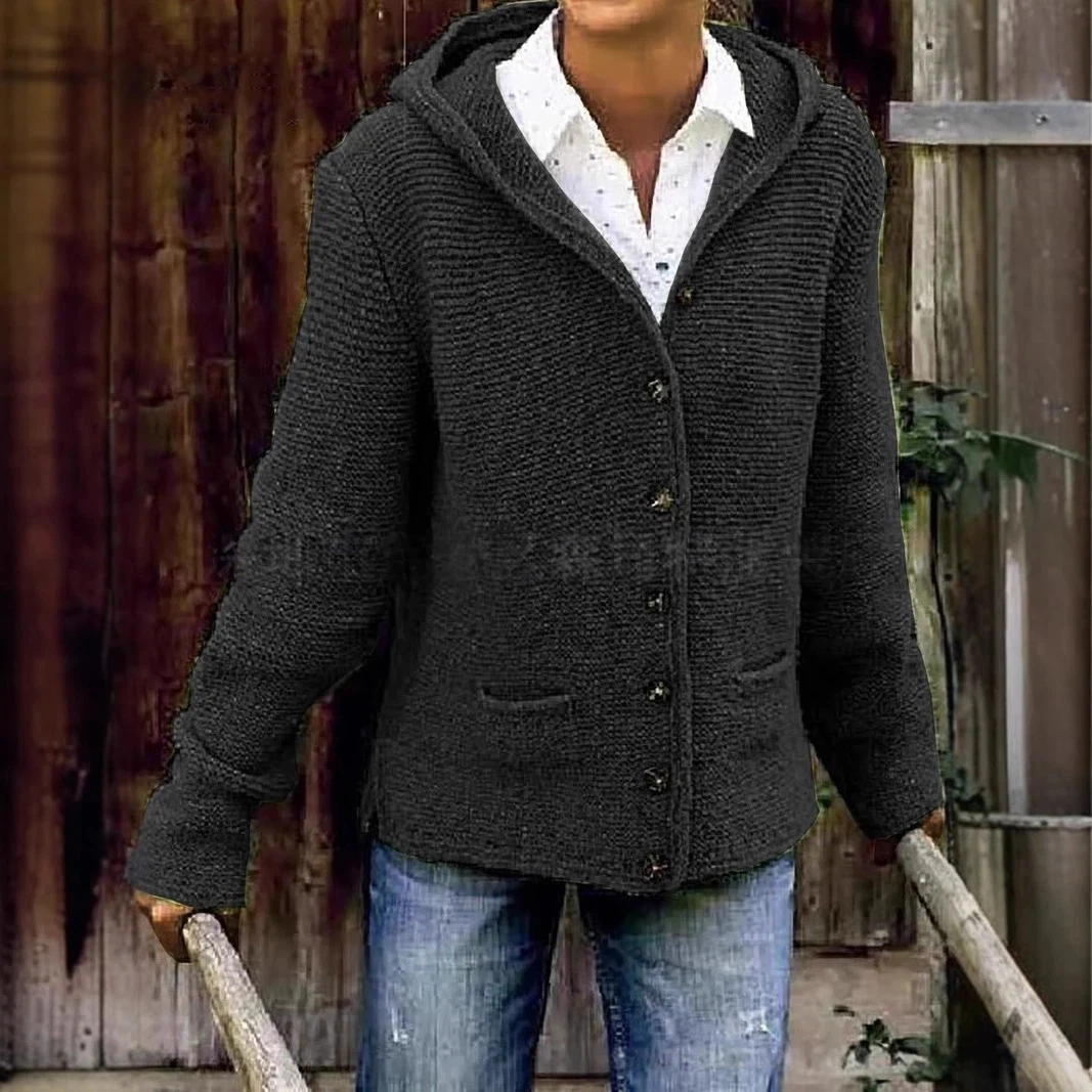 XXOWENLI Hooded Knit Cardigan Fashion Solid Color Long Sleeve Button Sweater Coat With Pockets Autumn Winter Warm Knitted Jacket 3