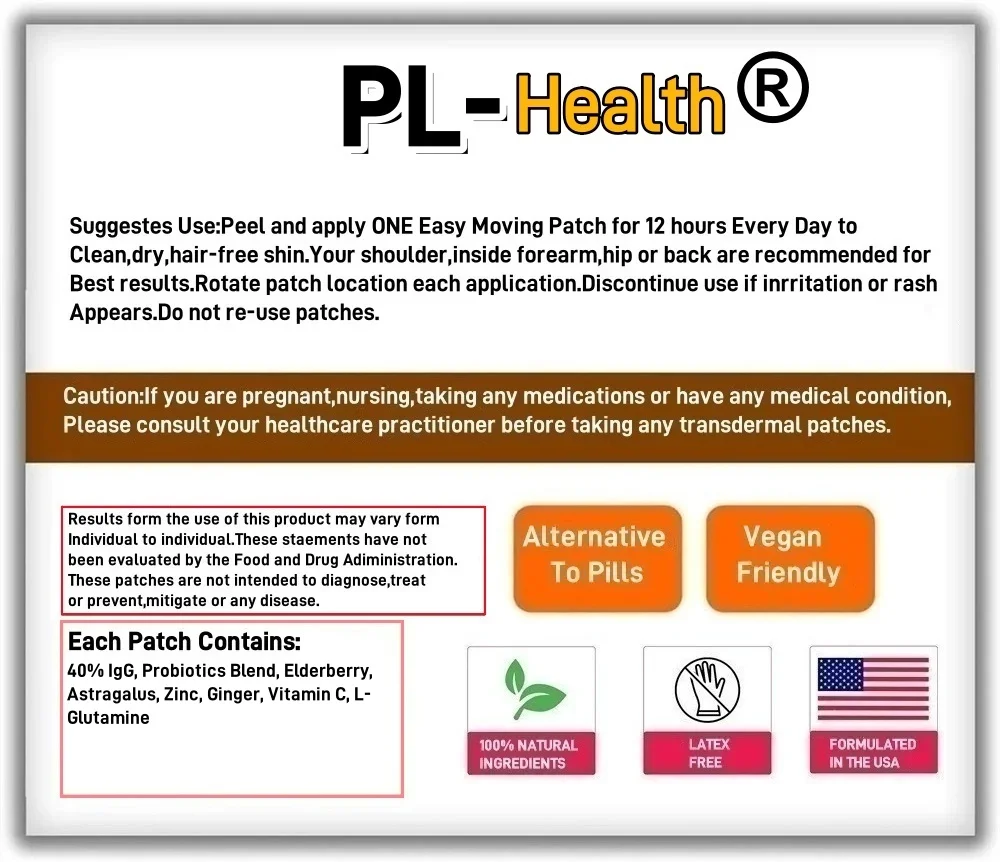 30 Patches Colostrum Patches Transdermicos com 40% IGG, Mistura Probiótica, Sabugueiro, Astragalus, Gengibre, Vitamina C, L-Glutamina