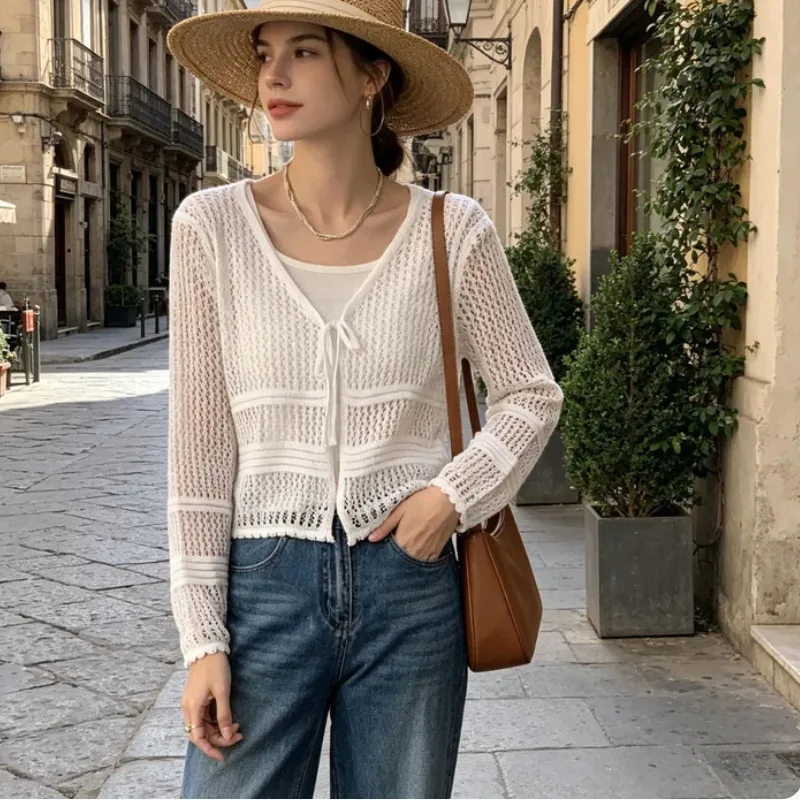 Women's Crochet Cardigan Light Weight Long Sleeve Tie Front Hollow Out Blouse Crochet Top Cottagecore Clothing