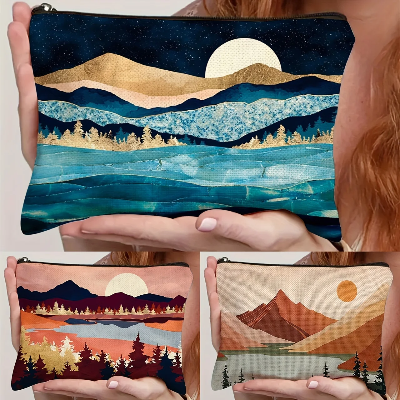 Bohemian Chic Cosmetic Bag with Turkish Red Lake & Mountain Design Zippered Travel Toiletry Pouch for Women Makeup Bag Handbag