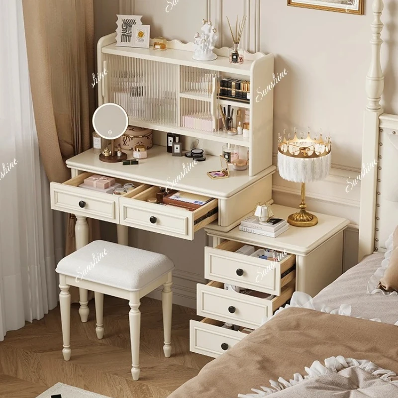 

French cream style solid wood dressing table retractable bedside chest of drawers in the bedroom