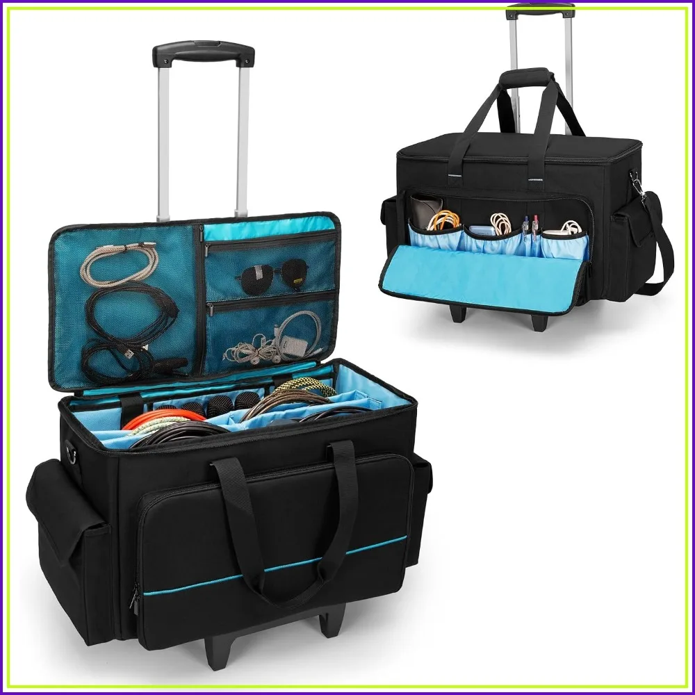 

Large Rolling DJ Cable Bag, Padded Gig Bag with Detachable Trolley & Divider, Music Gear Case with Multi Pockets for 15.6" Laptop, DJ Equipment, Sound Storage