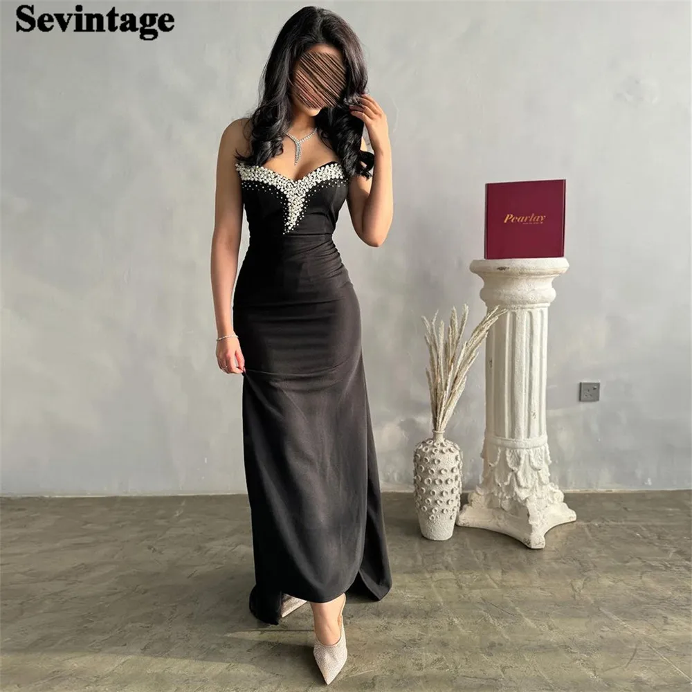 

Sevintage Elegant Mermaid Arabia Satin Prom Dress Strapless Sequineds Sleeveless Ankle Length Evening Dress vestido de gala 2024