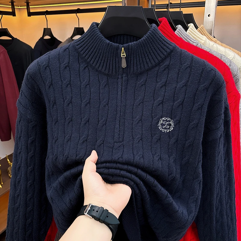American Retro Half Zipper High Neck Sweater Men's Autumn and Winter Loose Knit Sweater Top Trendy Brand Jacket
