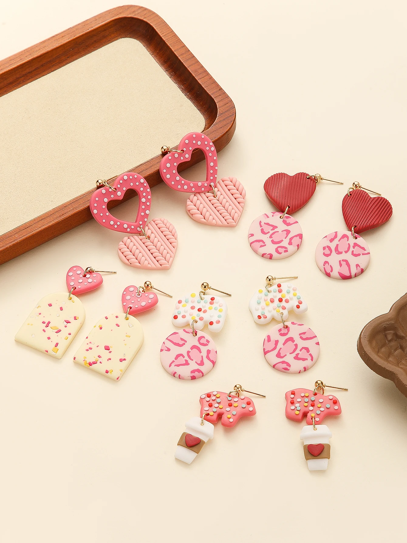 Handmade Polymer Clay Pink Heart Dangle Earrings with Confetti Leopard Print Ear Jewelry for Women Unique Valentine's Day Gift