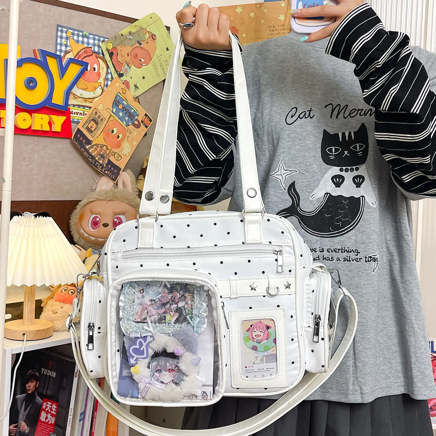 Japanese Style Dot Print Itabag Women PU Leather Multipockets Shoulder Bag Clear Transparent Handbags Tote Anime Ita Bag
