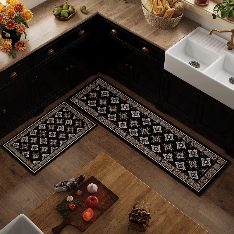 Rug for Kitchen PVC Leather Waterproof Non-Slip Oil-proof Floor Mat Retro Black Printed Pattern Rugs Long Size Home Decor Carpet