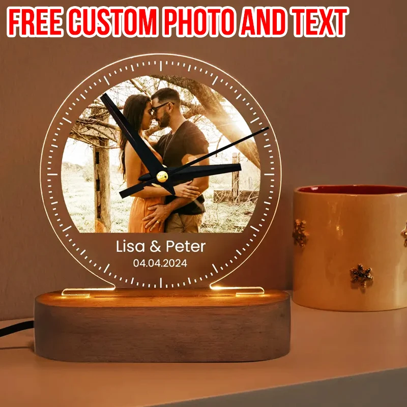 

Custom Night Light Bedside Lamp LED Sign Desk Clock Vintage Decor Unique Gifts for Boyfriend Couple Her Valentines Gift for Him
