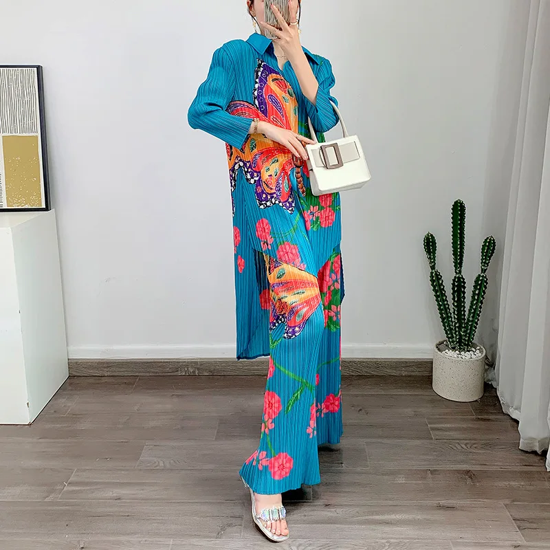 

Pleated Large Size Elegant Set 2023 Summer New Mid-length Top Casual Wide-leg Trousers Pleated Two-piece Set