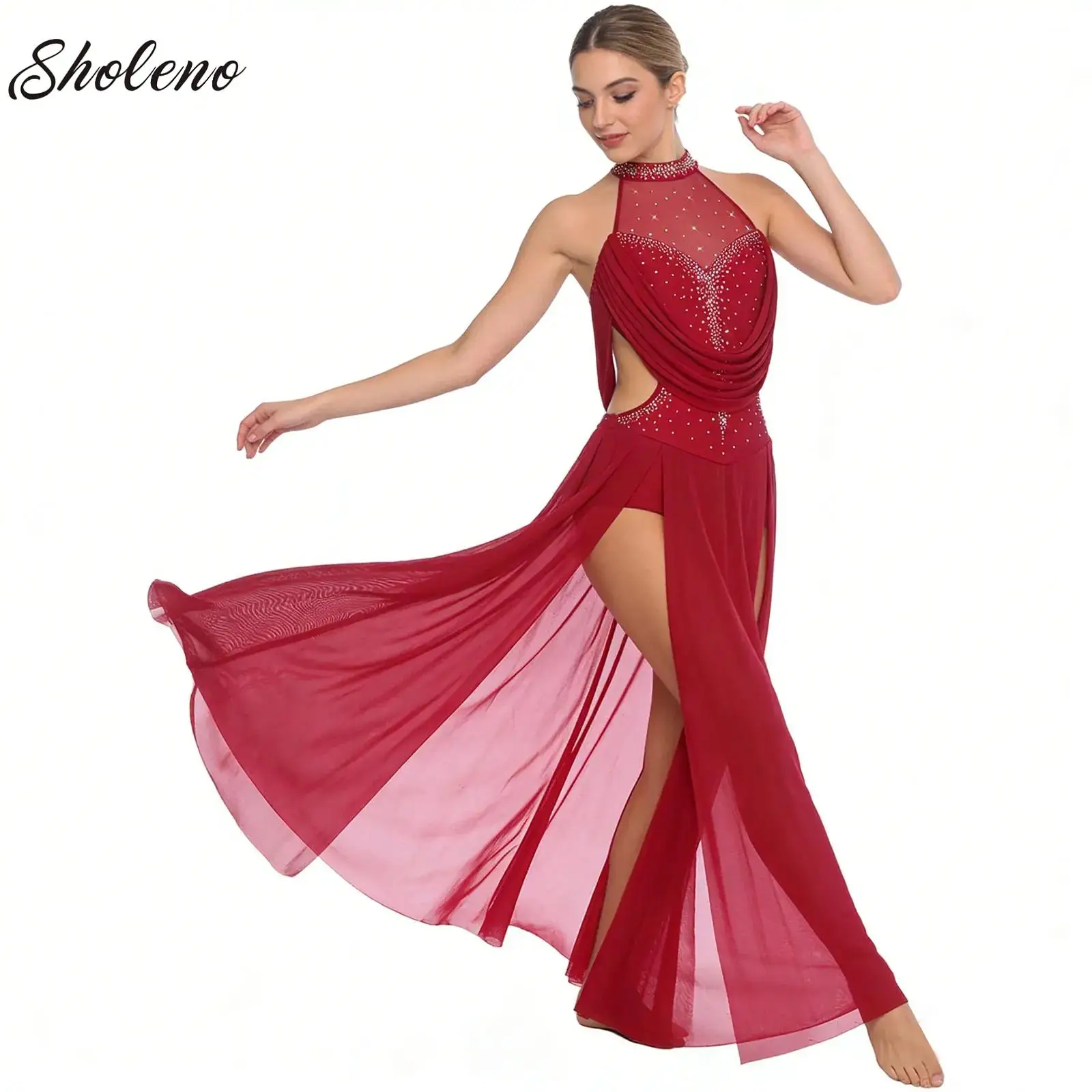 

Womens Ballet Dance Performance Long Dress Lyrical Unitards Costume Sparkly Rhinestones Mesh Split Maxi Skirt Bodysuit Dress