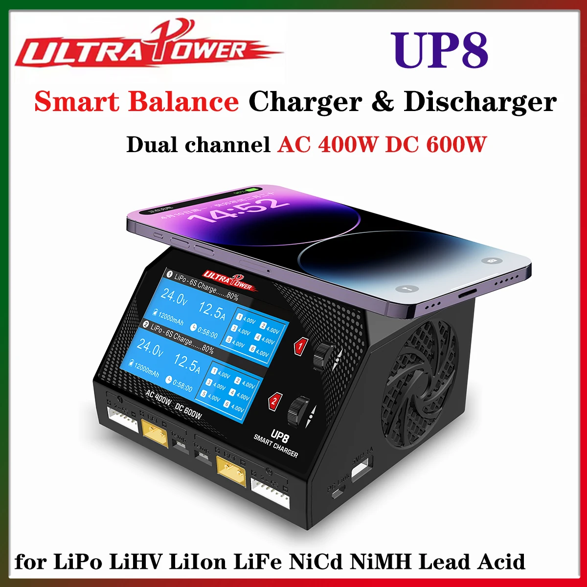 

UltraPower UP8 Smart Balance двухканальное зарядное устройство переменного тока 400 Вт постоянного тока 600 Вт быстрое зарядное устройство разрядное устройство для Lipo LiHV Lilon LiFe NiCd