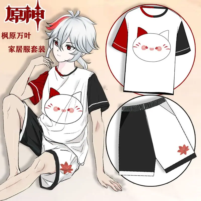 تي شيرت Genshin بأكمام قصيرة وشورت للشاطئ مع طباعة تأثير ثلاثية الأبعاد، طقم مكون من قطعتين، بدلة تنكرية من Anime Xiao Kaedehara Kazuha