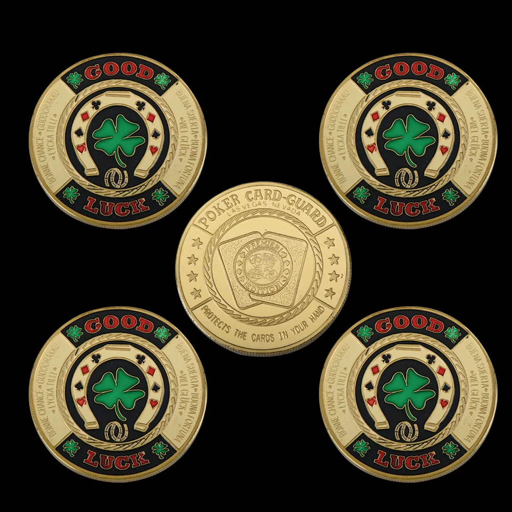 5 pezzi di trifoglio verde buona fortuna monete da poker protezione della carta protezione del casinò sfida gettoni gettoni souvenir regali da collezione