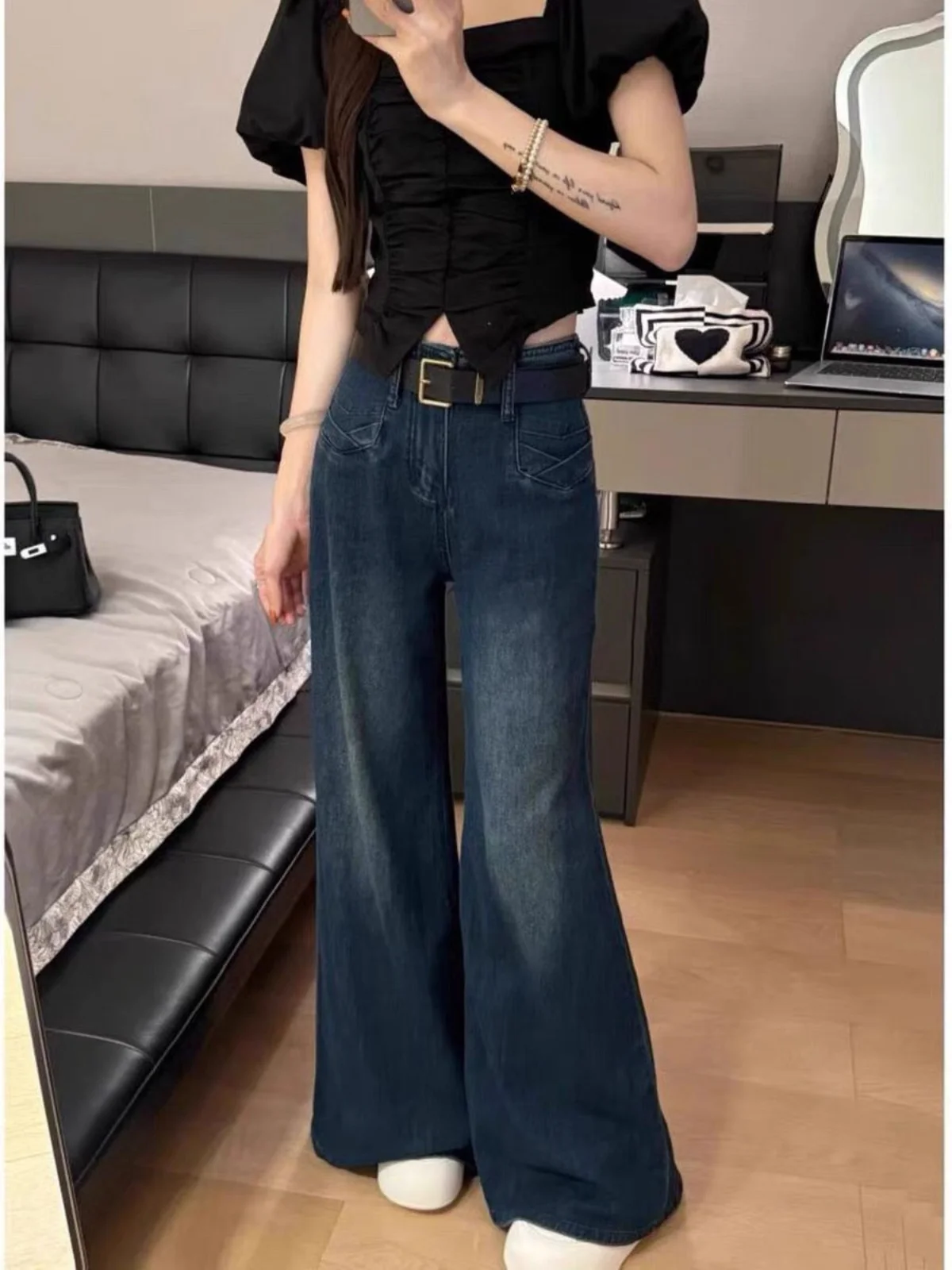 

Deep Blue High Waist Bell Bot Jeans Women's plus Size American Sle Straight Leg Floor Length Pants Autumn Winter