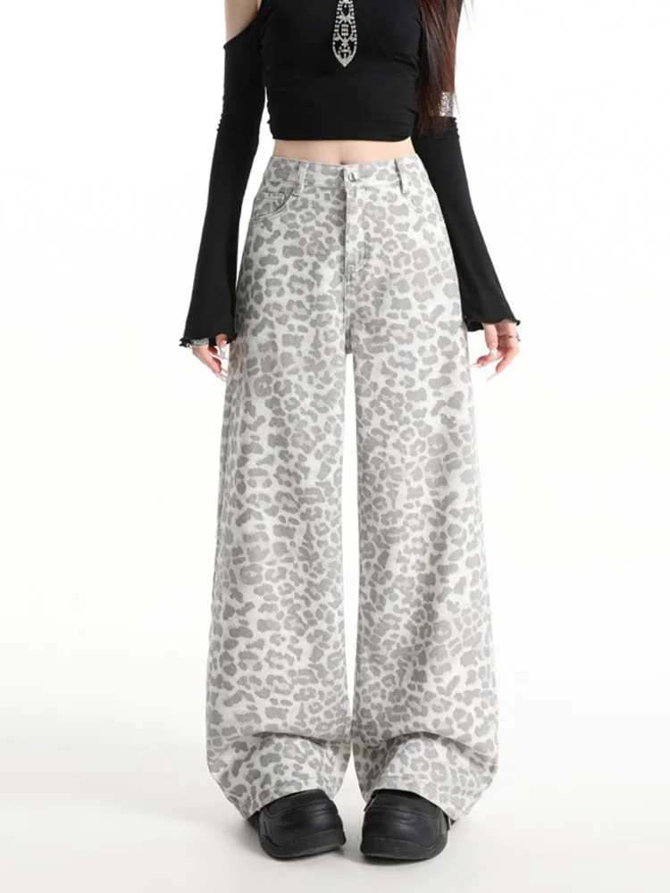 

American Retro Leopard Print Wide Leg Jeans Women's High Waist Loose Versatile Denim Pants Spring Autumn New Casual Trousers