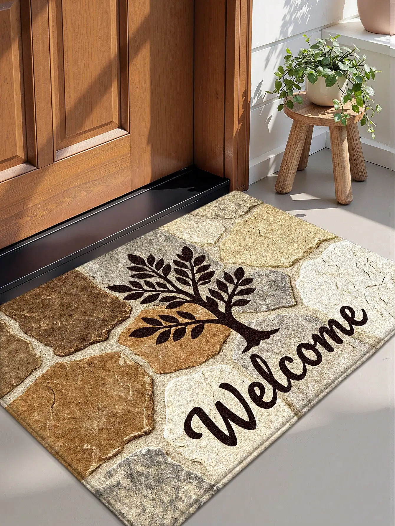1pc Welcome Vintage Entrance Rug, Soft Wool Blend Doormat, Multi-Color Stone Pattern, Suitable For Bathroom, Kitchen, Outdoor, Indoor, Hallway, Bedroom, Living