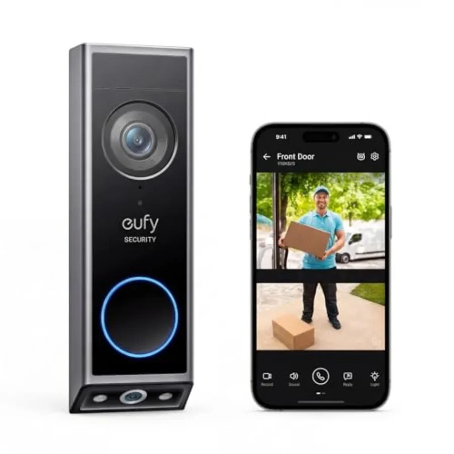 Video Doorbell E340 for home security, ABS plastic, black, no subscription required with dual 2K FHD cameras, head-to-toe view,