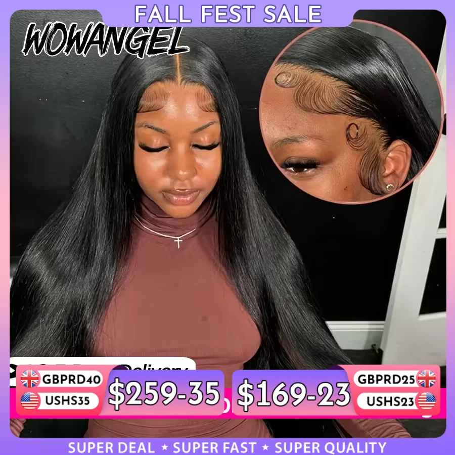 WOWANGEL Jet Black Straight Wigs 13x6 HD Lace Front Wigs 100% Human Hair Pre Plucked Glueless Wig Ready to Wear Brazilian Hair