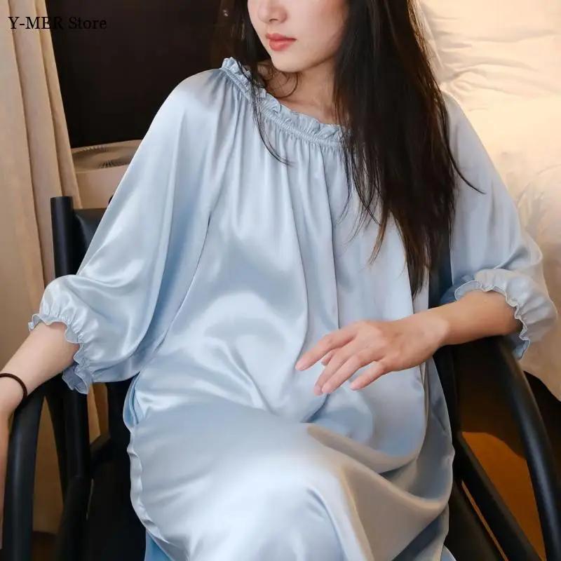 Elegant Off Shoulder Nightdress Long Sleepshirt for Lady Summer New Home Dressing Gown Loose Satin Loungewear Princess Nightgown