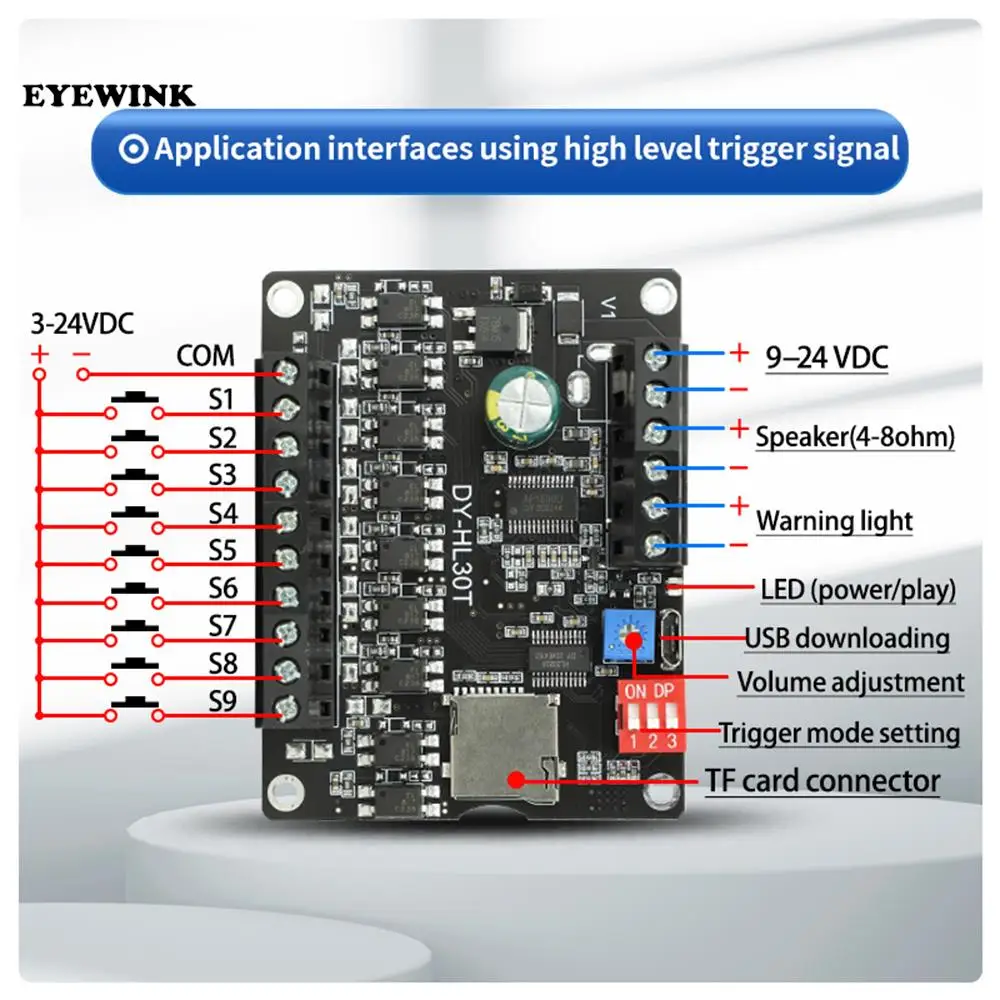 30W power voice broadcast prompt module high and low levels trigger one-on-one MP3 playback TF card USB drive DY-HL30T