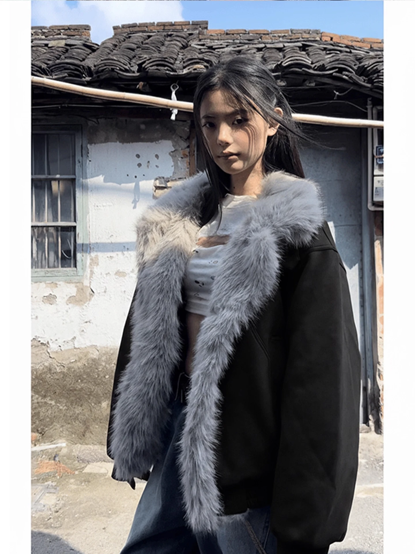 

Oversize Thiened Cotton Jaet with Large Fur Collar ex Winter Warm Outerwear Loose Fit Youthful Sle Hard And Stiff