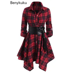 Women Red Plaid Belted Roll Tab Sleeve Handkerchief Dress Grunge Gothic Casual Dresses Vestidos Button Up Long Sleeve Streetwear