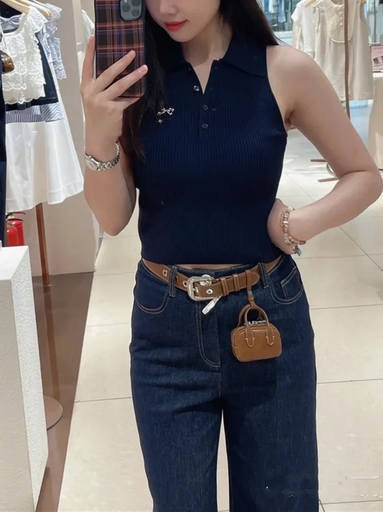 سترة نسائية محبوكة قصيرة بياقة بولو، بدون أكمام، مخططة، بأسلوب حلو، موضة صيفية راقية، ملابس محبوكة فاخرة للسيدات