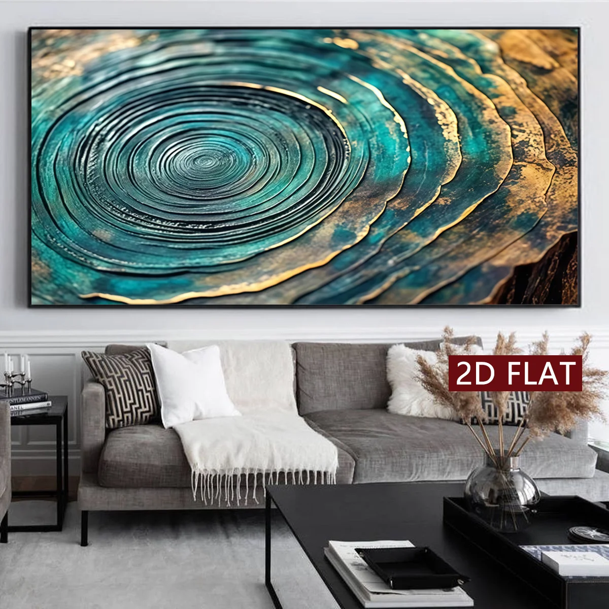 

2D Flat Abstract Modern Turquoise Golden Circular Canvas Wall Art Frameless Textured Canvas Prints for Living Room Bedroom Decor