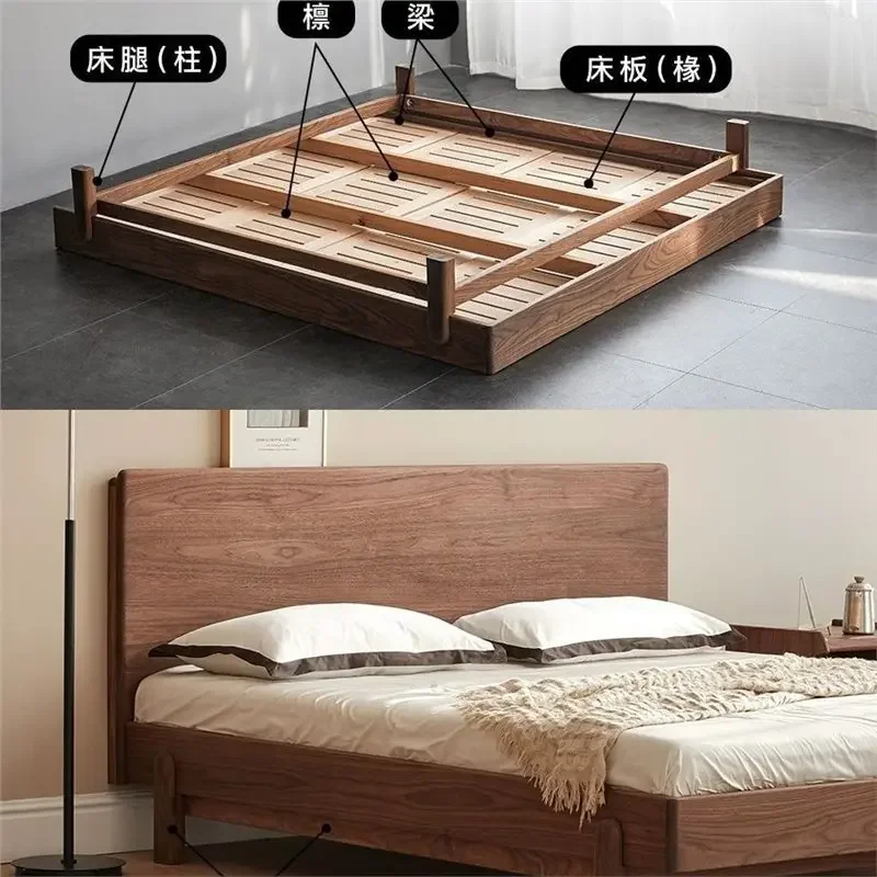 سرير من الخشب الصلب بالكامل بسيط من الشمال، غرفة نوم من خشب الجوز الأسود، سرير مزدوج 1.5 م 1.8 م سرير عائلي #4