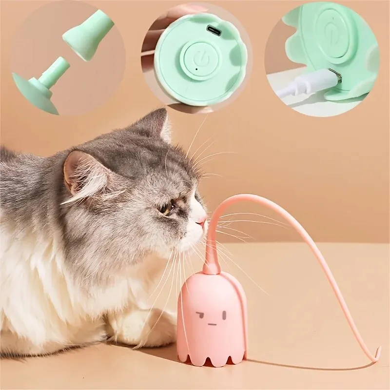 1 Set of Electric Cat Teasing Stick Intelligent Tail Wagging Cat Toy, Silicone Tail Automatic Rotating Cat Toy