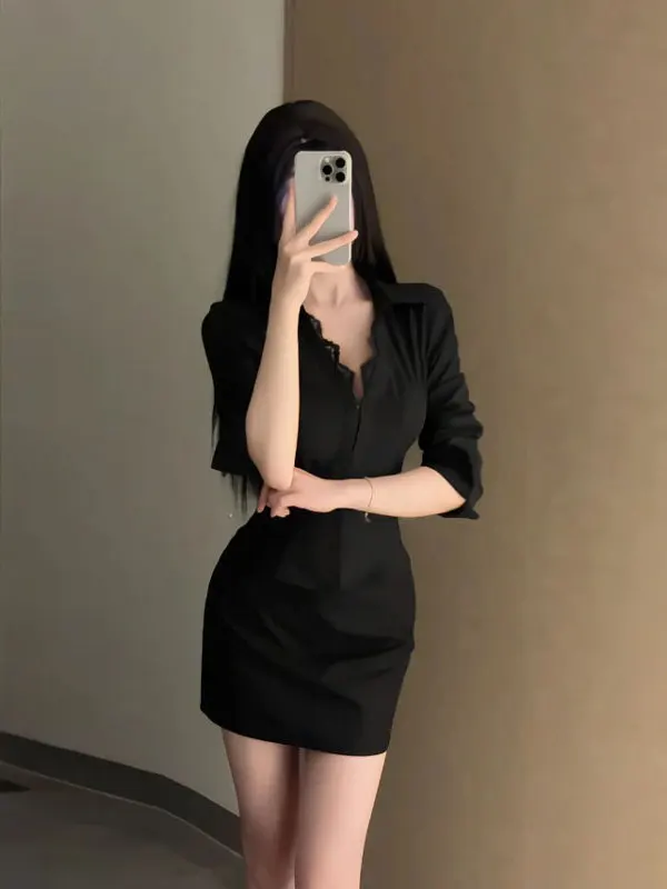 

Весенний модный комплект для поездок на работу: рубашка в корейском стиле и облегающая юбка, рабочий костюм, быстросохнущий, средней толщины, с V-образным вырезом